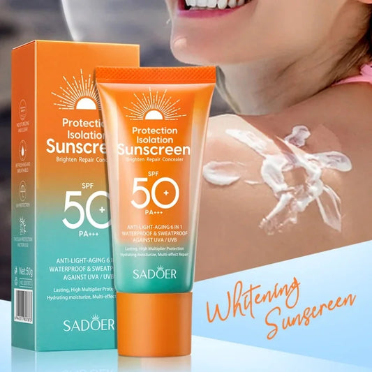 6-in-1 Waterproof Sunscreen Cream 50g - SPF50+ PA+++ UV Protection, Brightening & Repair, Lightweight Finish for All Skin
