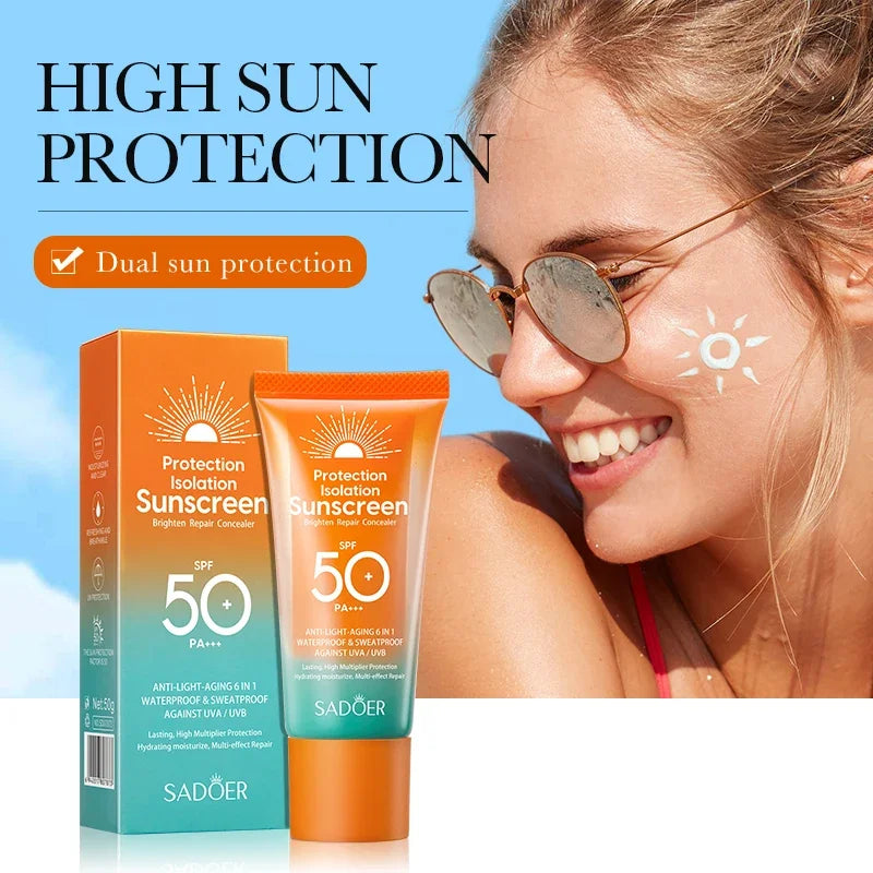 6-in-1 Waterproof Sunscreen Cream 50g - SPF50+ PA+++ UV Protection, Brightening & Repair, Lightweight Finish for All Skin