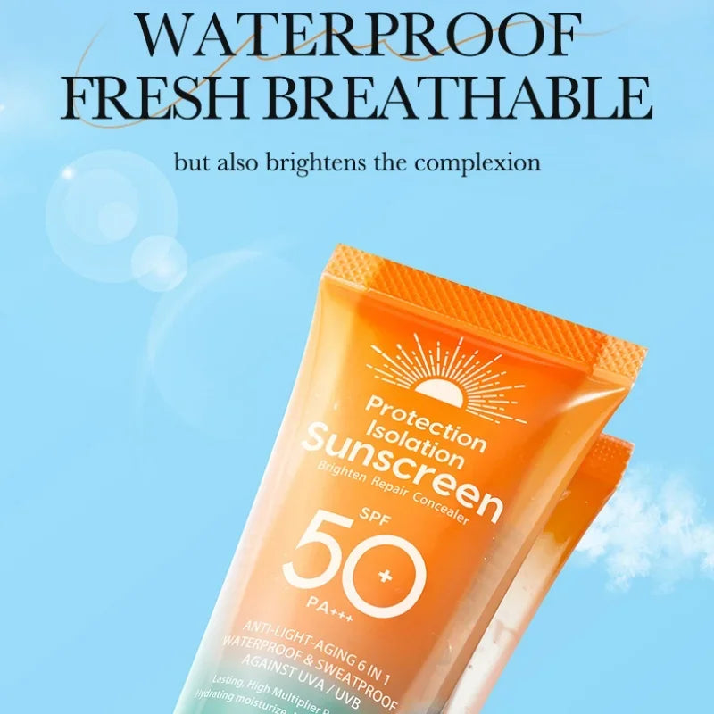 6-in-1 Waterproof Sunscreen Cream 50g - SPF50+ PA+++ UV Protection, Brightening & Repair, Lightweight Finish for All Skin
